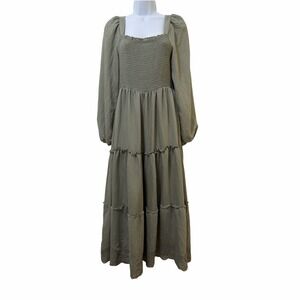 Moon River Smocked Tiered Puff Sleeve Midi Dress Size M Sage Prairie Cottagecore